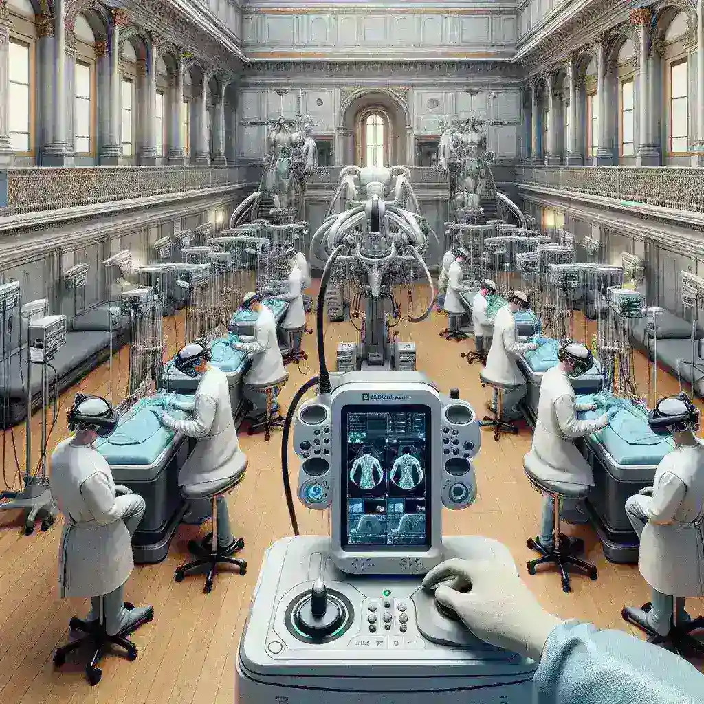 "Plataforma de realidad virtual desarrollada por la Universidad Complutense para la enseñanza médica, mostrando a estudiantes interactuando con simulaciones médicas inmersivas."