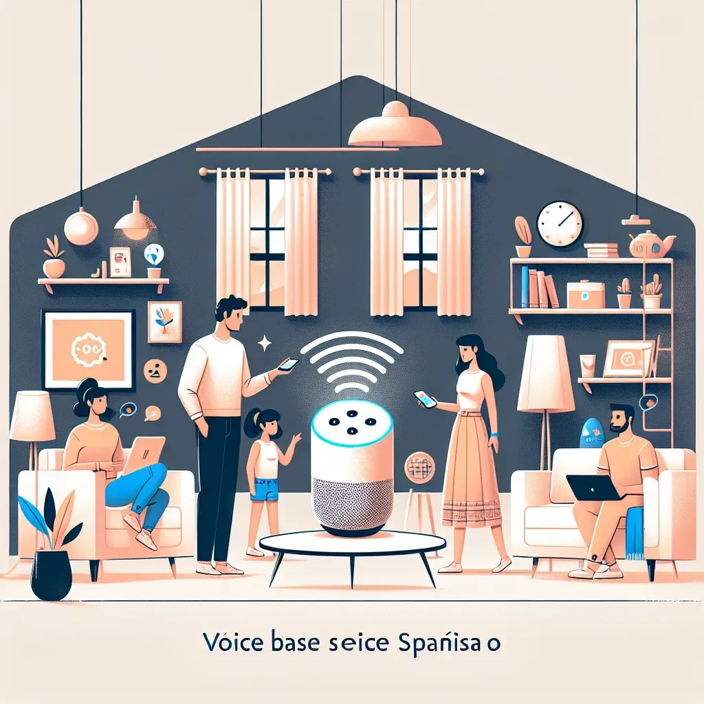 "Amazon España amplía servicios de voz en castellano con Alexa, mostrando un dispositivo Echo Dot en una cocina moderna, con un usuario interactuando con el asistente de voz."